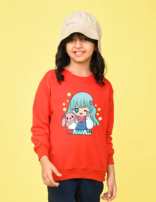 Nusyl Girl's Red Cute girl & kawaii Text Printed Round Neck Oversized Sweatshirt