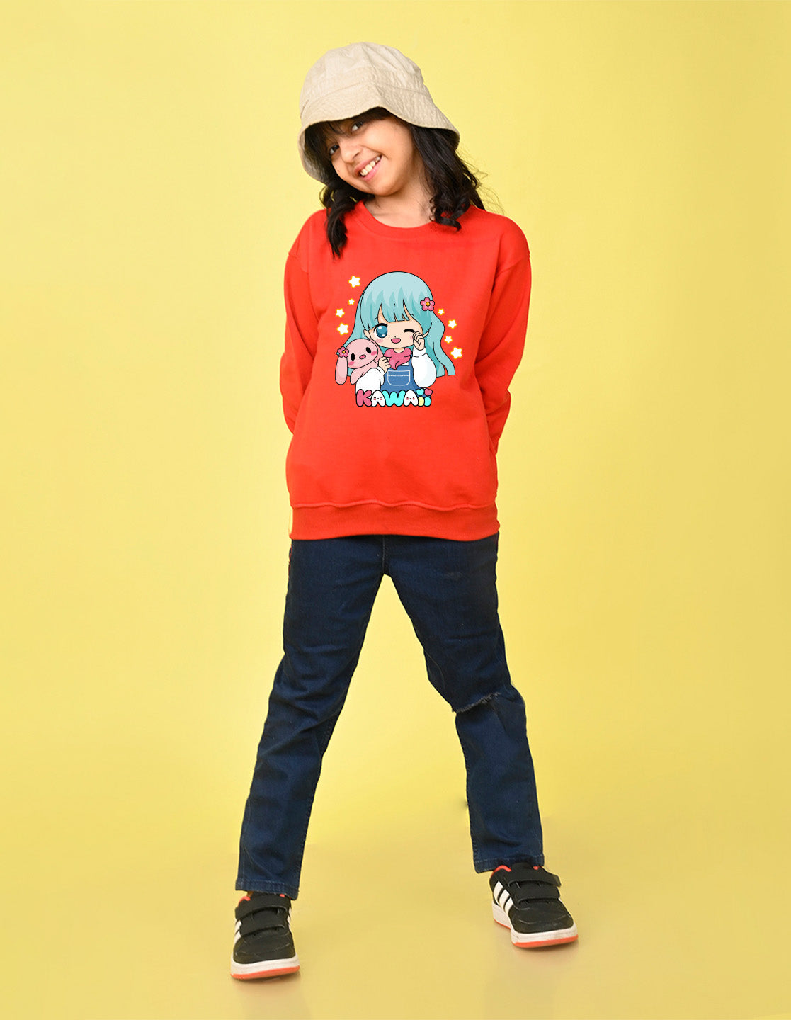 Nusyl Girl's Red Cute girl & kawaii Text Printed Round Neck Oversized Sweatshirt