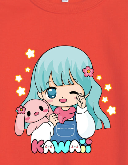 Nusyl Girl's Red Cute girl & kawaii Text Printed Round Neck Oversized Sweatshirt