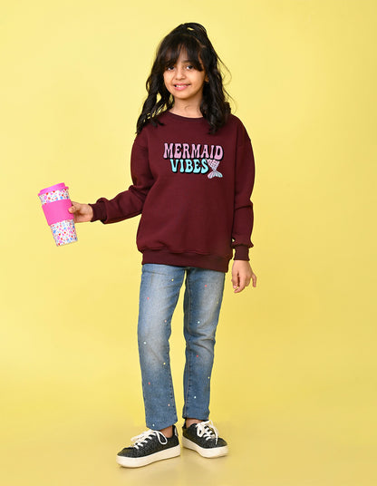 Nusyl Girl's Burgundy Mermaid Vibes text Printed Round Neck Oversized Sweatshirt
