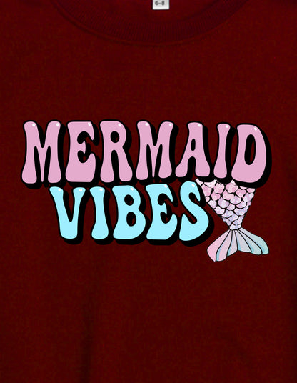 Nusyl Girl's Burgundy Mermaid Vibes text Printed Round Neck Oversized Sweatshirt