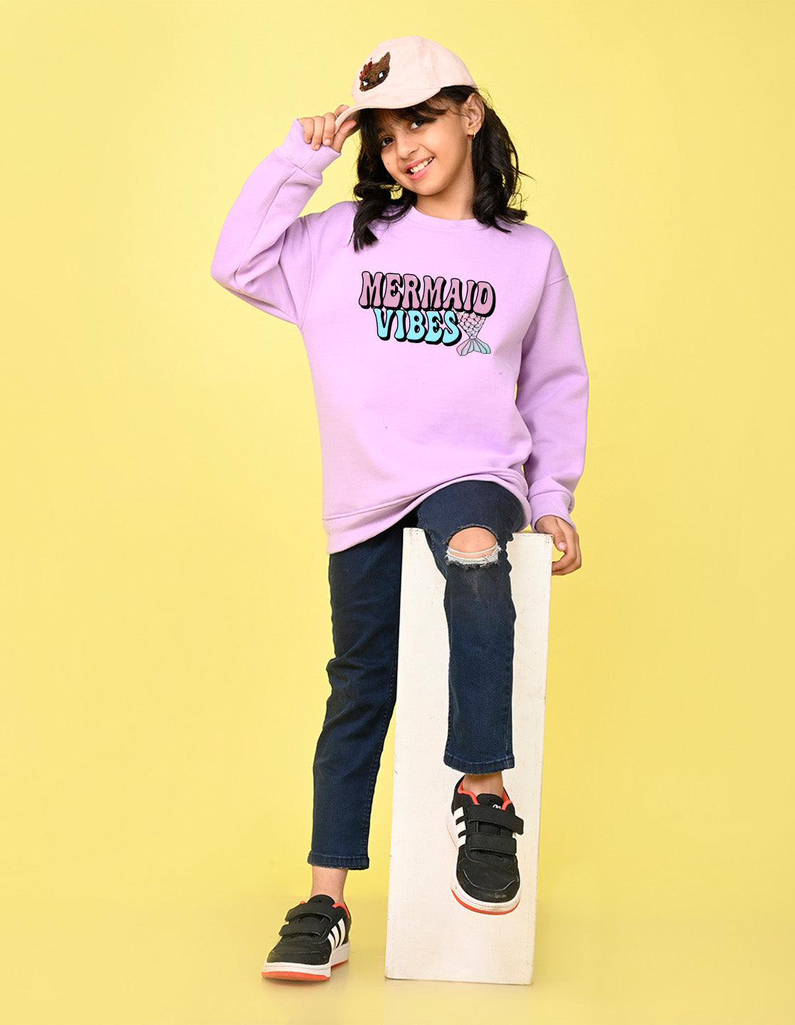 Nusyl Girl's Lilac Mermaid Vibes text Printed Round Neck Oversized Sweatshirt