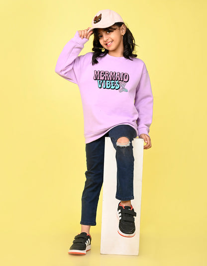 Nusyl Girl's Lilac Mermaid Vibes text Printed Round Neck Oversized Sweatshirt