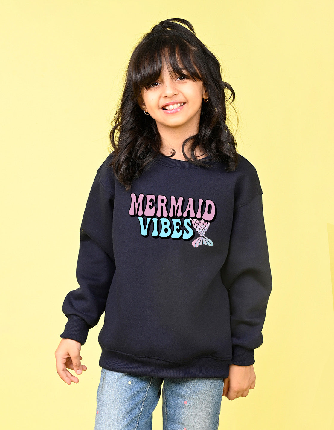 Nusyl Girl's Navy Blue Mermaid Vibes text Printed Round Neck Oversized Sweatshirt