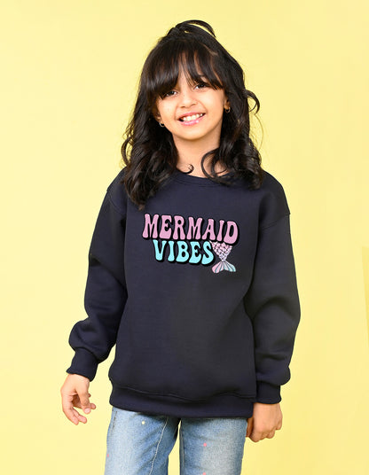 Nusyl Girl's Navy Blue Mermaid Vibes text Printed Round Neck Oversized Sweatshirt