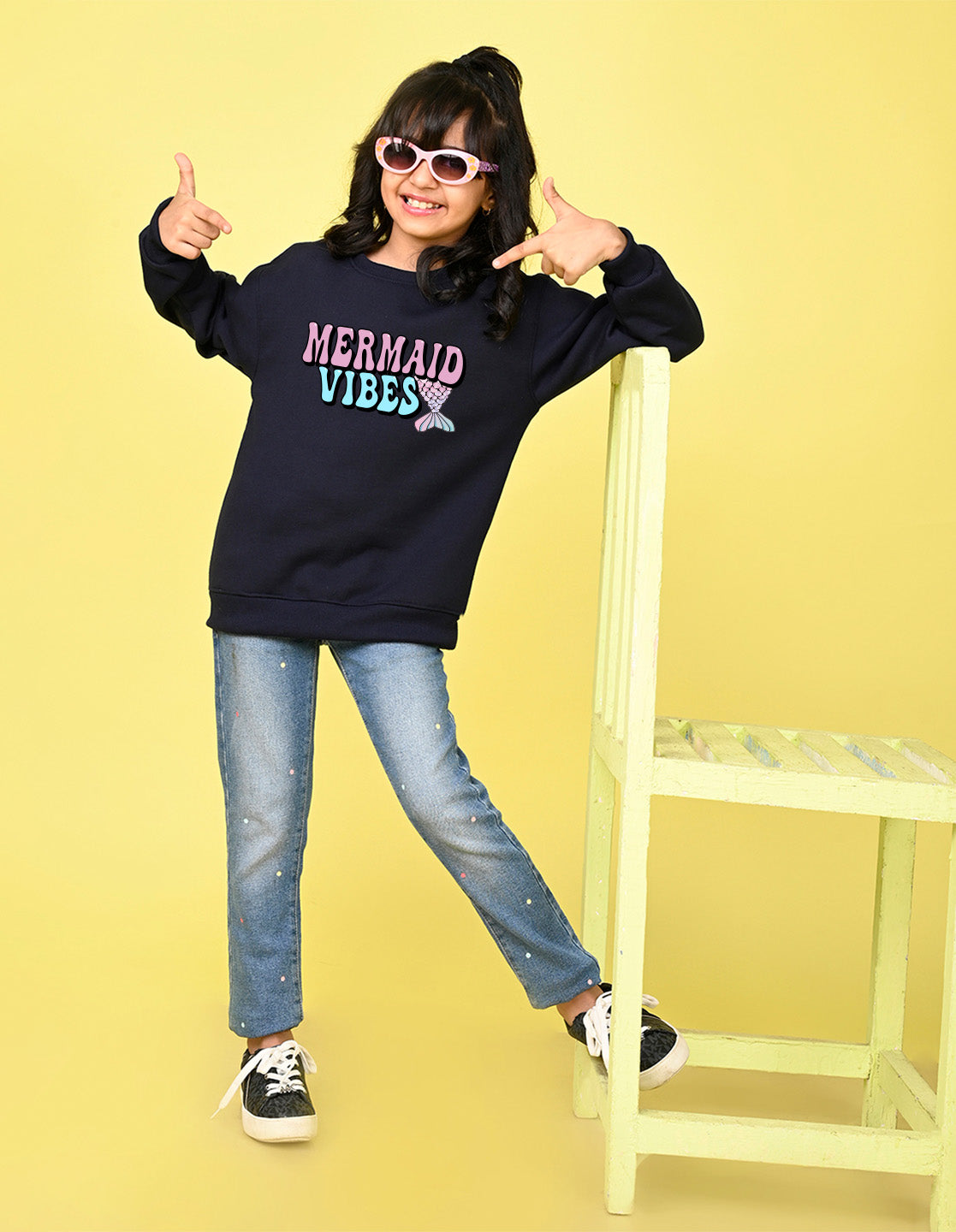 Nusyl Girl's Navy Blue Mermaid Vibes text Printed Round Neck Oversized Sweatshirt
