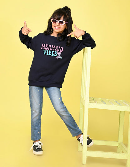 Nusyl Girl's Navy Blue Mermaid Vibes text Printed Round Neck Oversized Sweatshirt