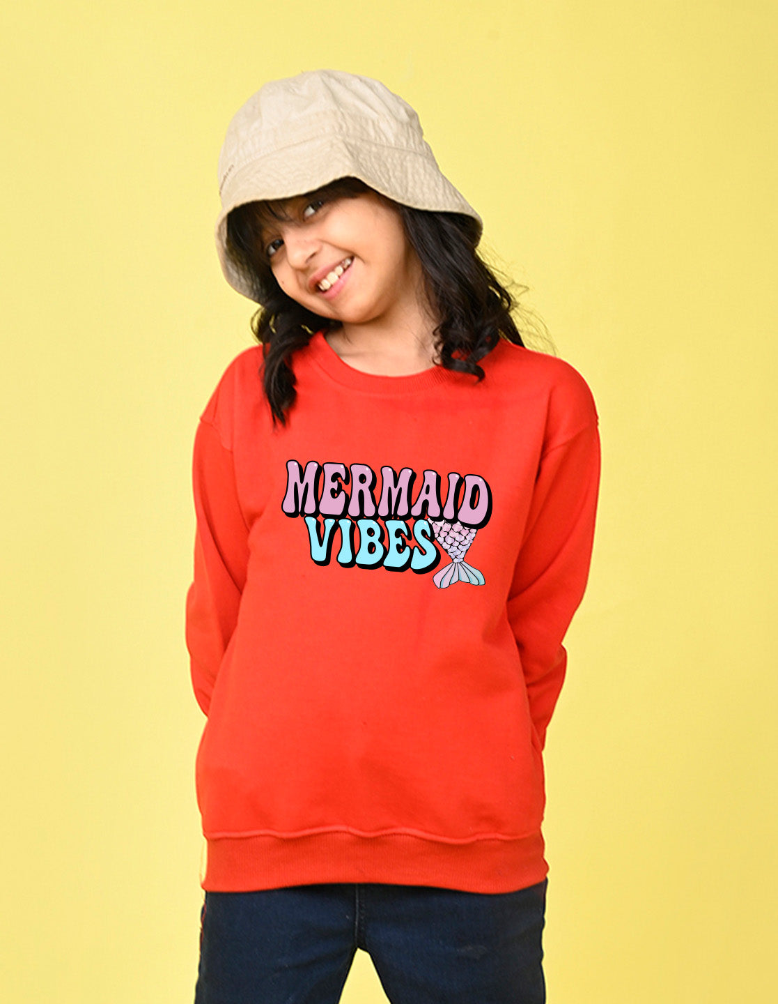 Nusyl Girl's Red Mermaid Vibes text Printed Round Neck Oversized Sweatshirt
