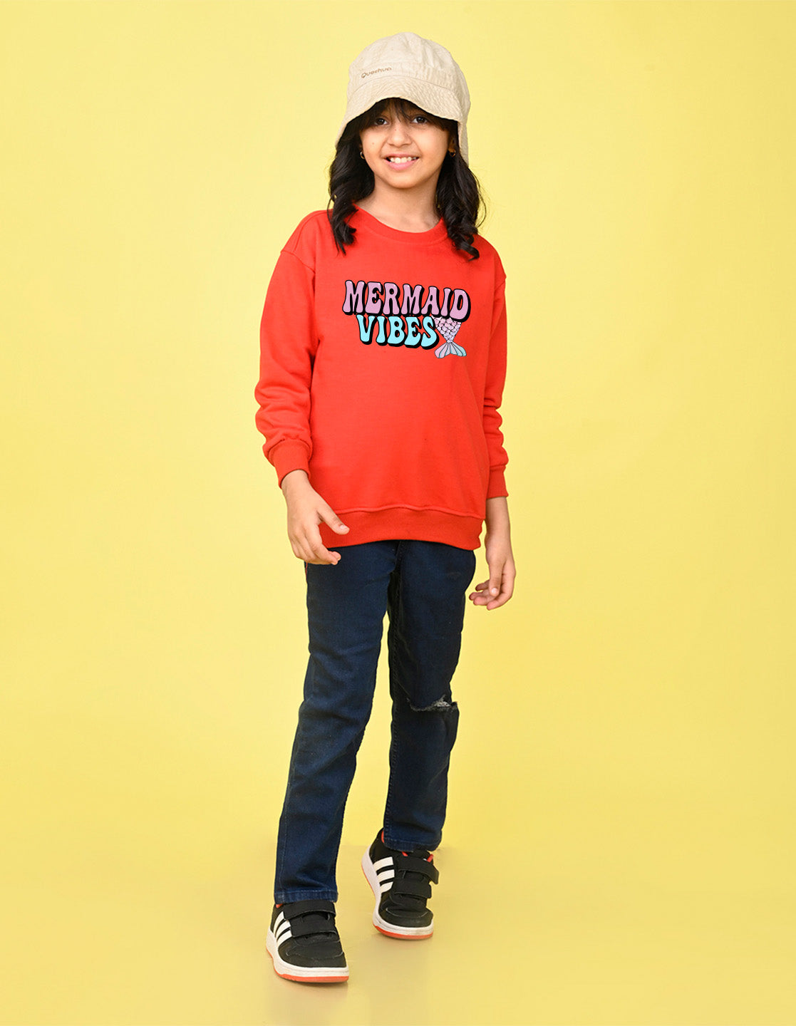 Nusyl Girl's Red Mermaid Vibes text Printed Round Neck Oversized Sweatshirt