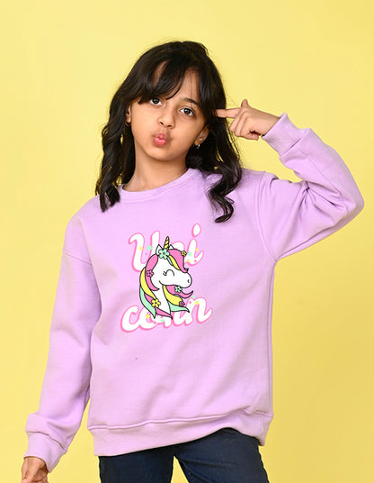 Nusyl Girl's Lilac Unicorn & Text Printed Round Neck Oversized Sweatshirt