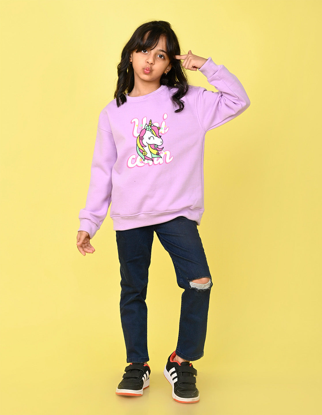 Nusyl Girl's Lilac Unicorn & Text Printed Round Neck Oversized Sweatshirt