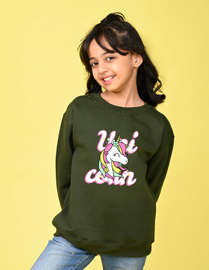 Nusyl Girl's Olive Unicorn & Text Printed Round Neck Oversized Sweatshirt