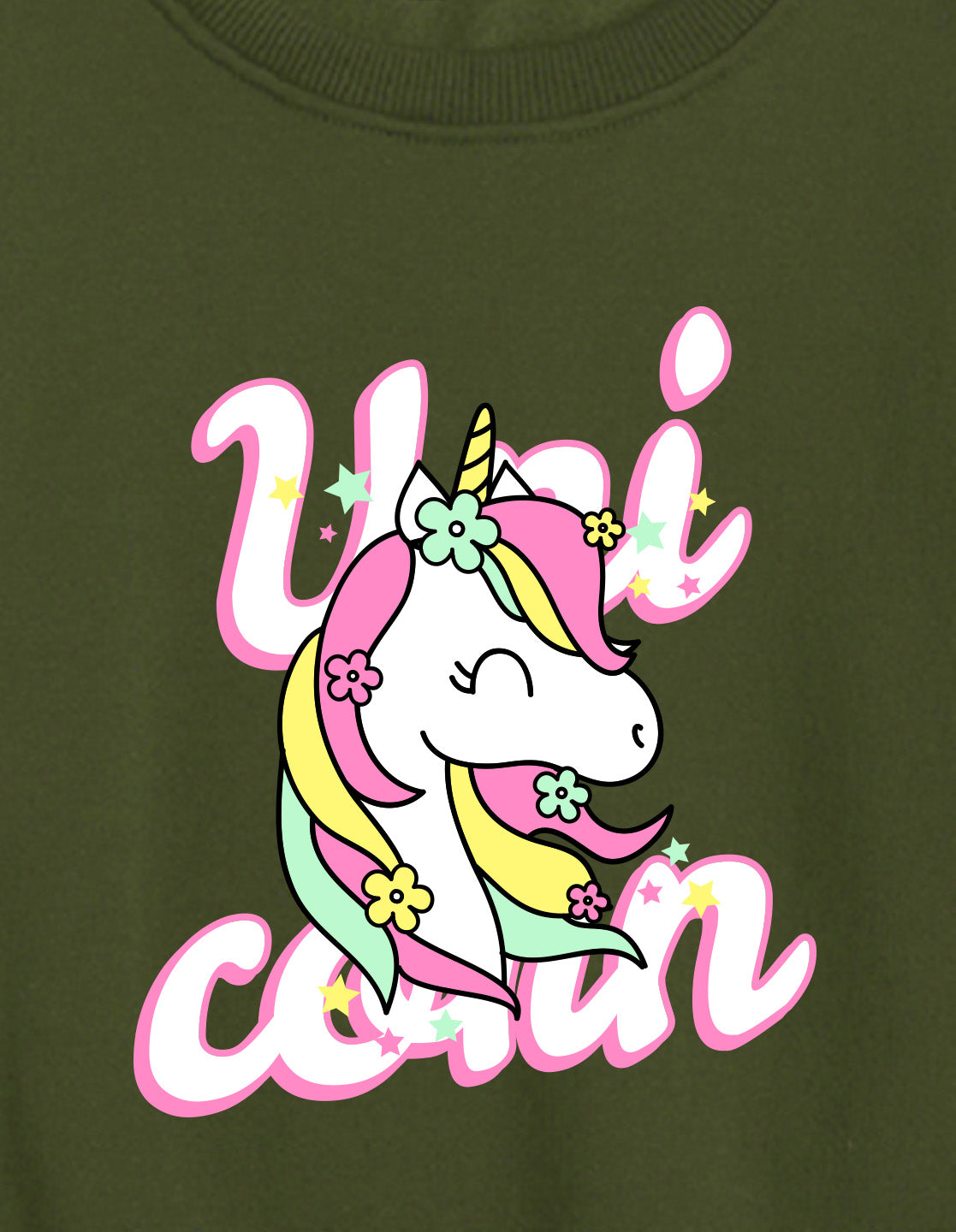 Nusyl Girl's Olive Unicorn & Text Printed Round Neck Oversized Sweatshirt