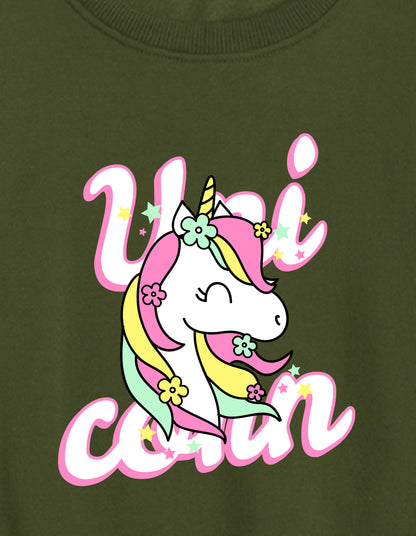 Nusyl Girl's Olive Unicorn & Text Printed Round Neck Oversized Sweatshirt
