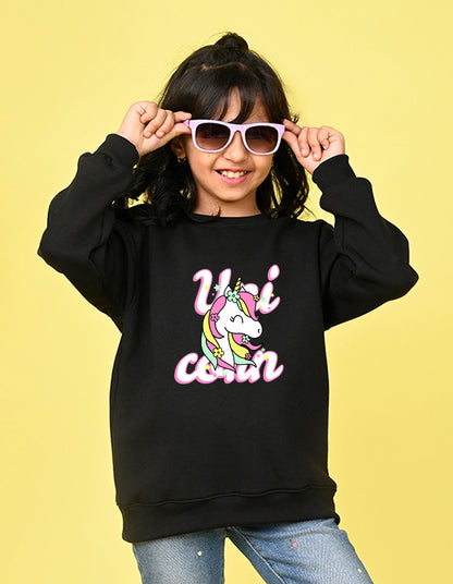 Nusyl Girl's Black Unicorn & Text Printed Round Neck Oversized Sweatshirt