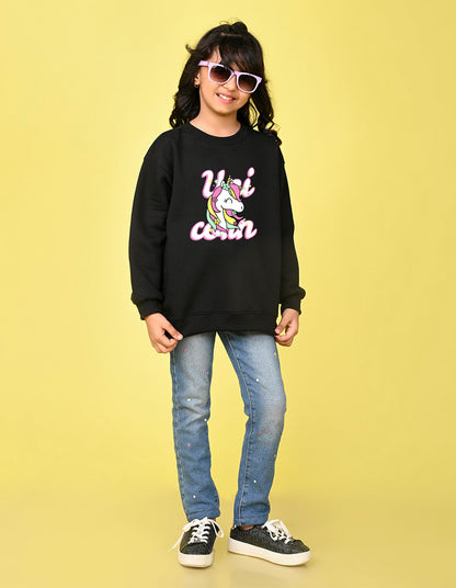 Nusyl Girl's Black Unicorn & Text Printed Round Neck Oversized Sweatshirt