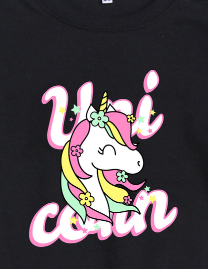 Nusyl Girl's Black Unicorn & Text Printed Round Neck Oversized Sweatshirt