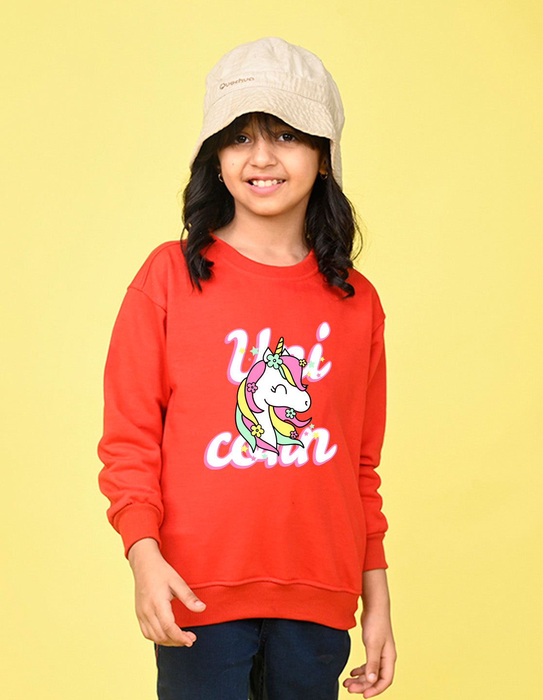 Nusyl Girl's Red Unicorn & Text Printed Round Neck Oversized Sweatshirt