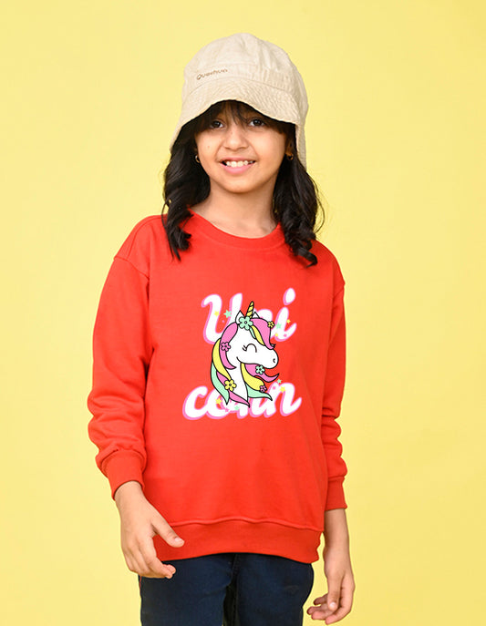 Nusyl Girl's Red Unicorn & Text Printed Round Neck Oversized Sweatshirt