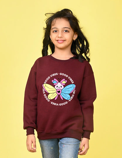 Nusyl Girl's Burgundy Butterfly & Text Printed Round Neck Oversized Sweatshirt