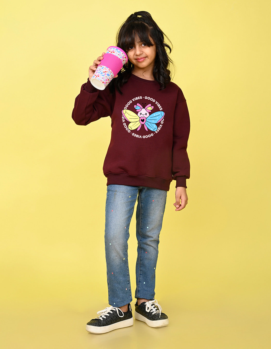 Nusyl Girl's Burgundy Butterfly & Text Printed Round Neck Oversized Sweatshirt