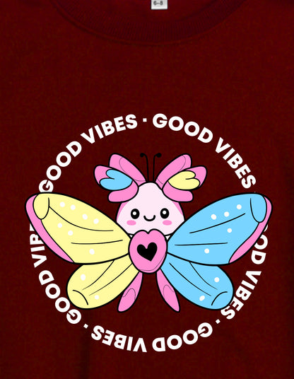 Nusyl Girl's Burgundy Butterfly & Text Printed Round Neck Oversized Sweatshirt