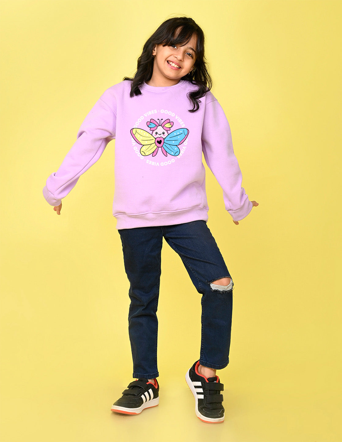 Nusyl Girl's Lilac Butterfly & Text Printed Round Neck Oversized Sweatshirt