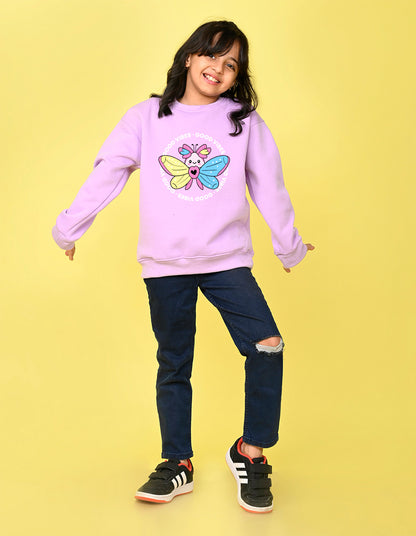 Nusyl Girl's Lilac Butterfly & Text Printed Round Neck Oversized Sweatshirt