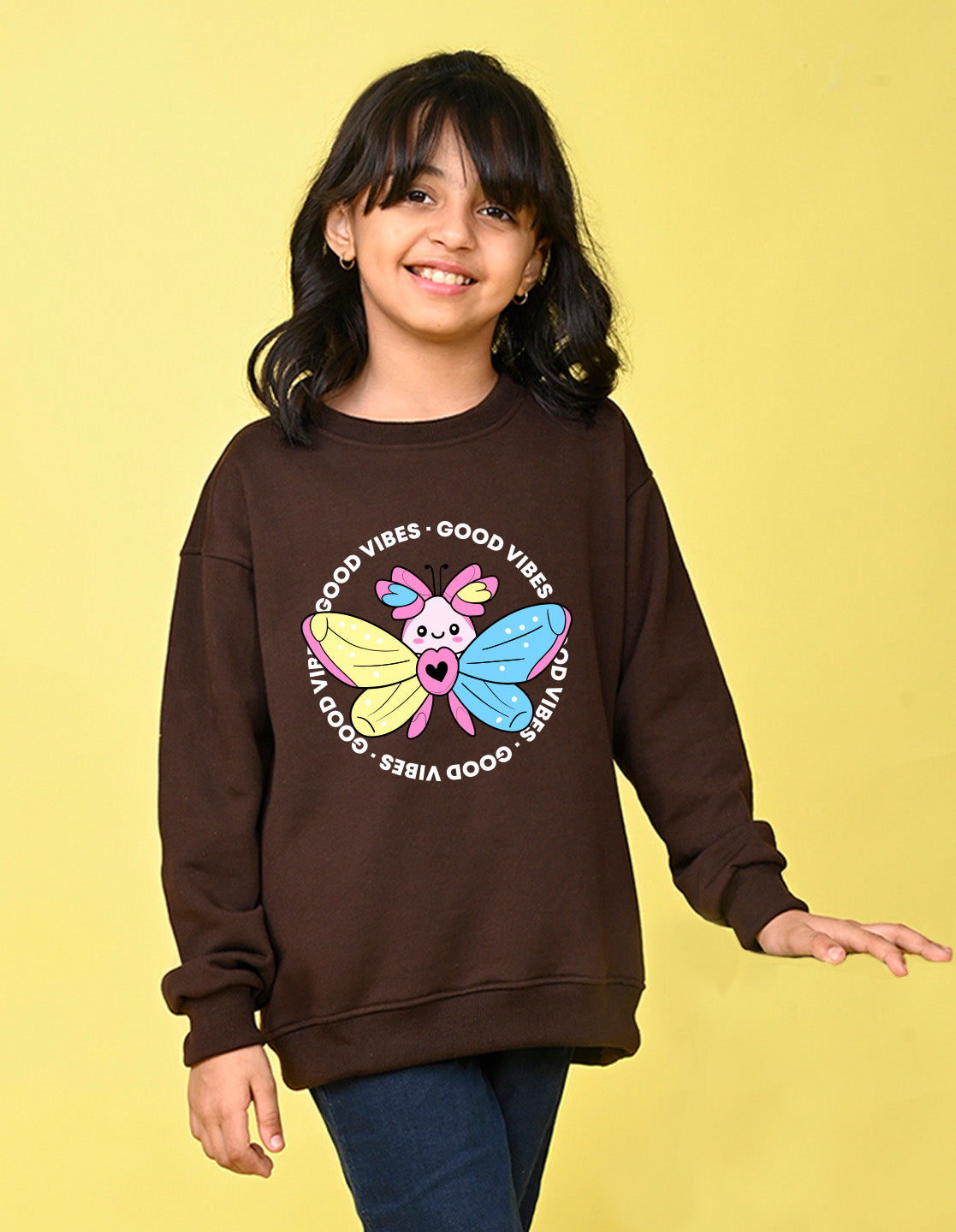 Nusyl Girl's Brown Butterfly & Text Printed Round Neck Oversized Sweatshirt