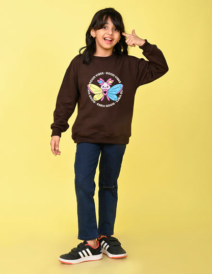 Nusyl Girl's Brown Butterfly & Text Printed Round Neck Oversized Sweatshirt