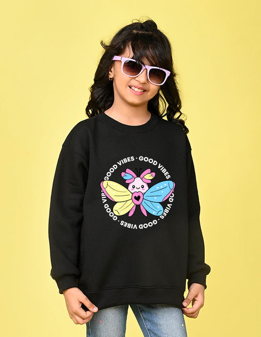 Nusyl Girl's Black Butterfly & Text Printed Round Neck Oversized Sweatshirt