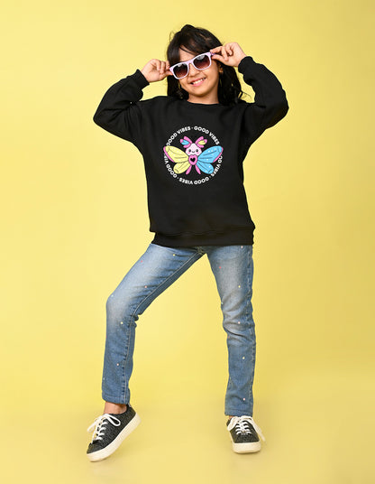 Nusyl Girl's Black Butterfly & Text Printed Round Neck Oversized Sweatshirt