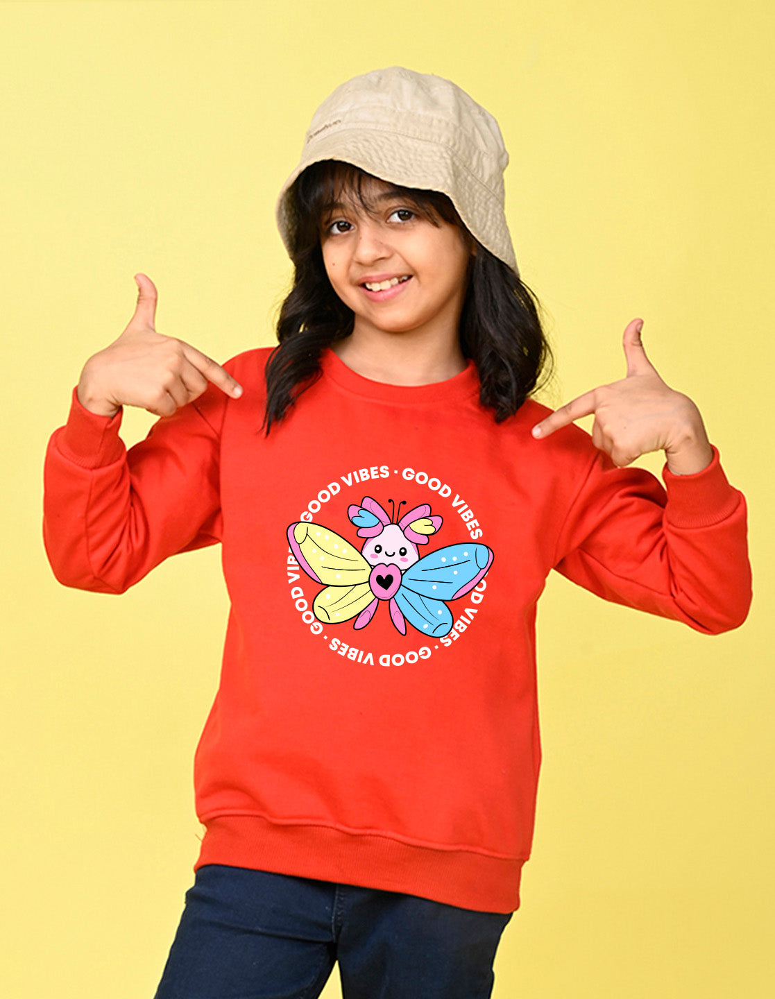 Nusyl Girl's Red Butterfly & Text Printed Round Neck Oversized Sweatshirt