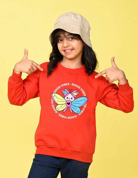 Nusyl Girl's Red Butterfly & Text Printed Round Neck Oversized Sweatshirt
