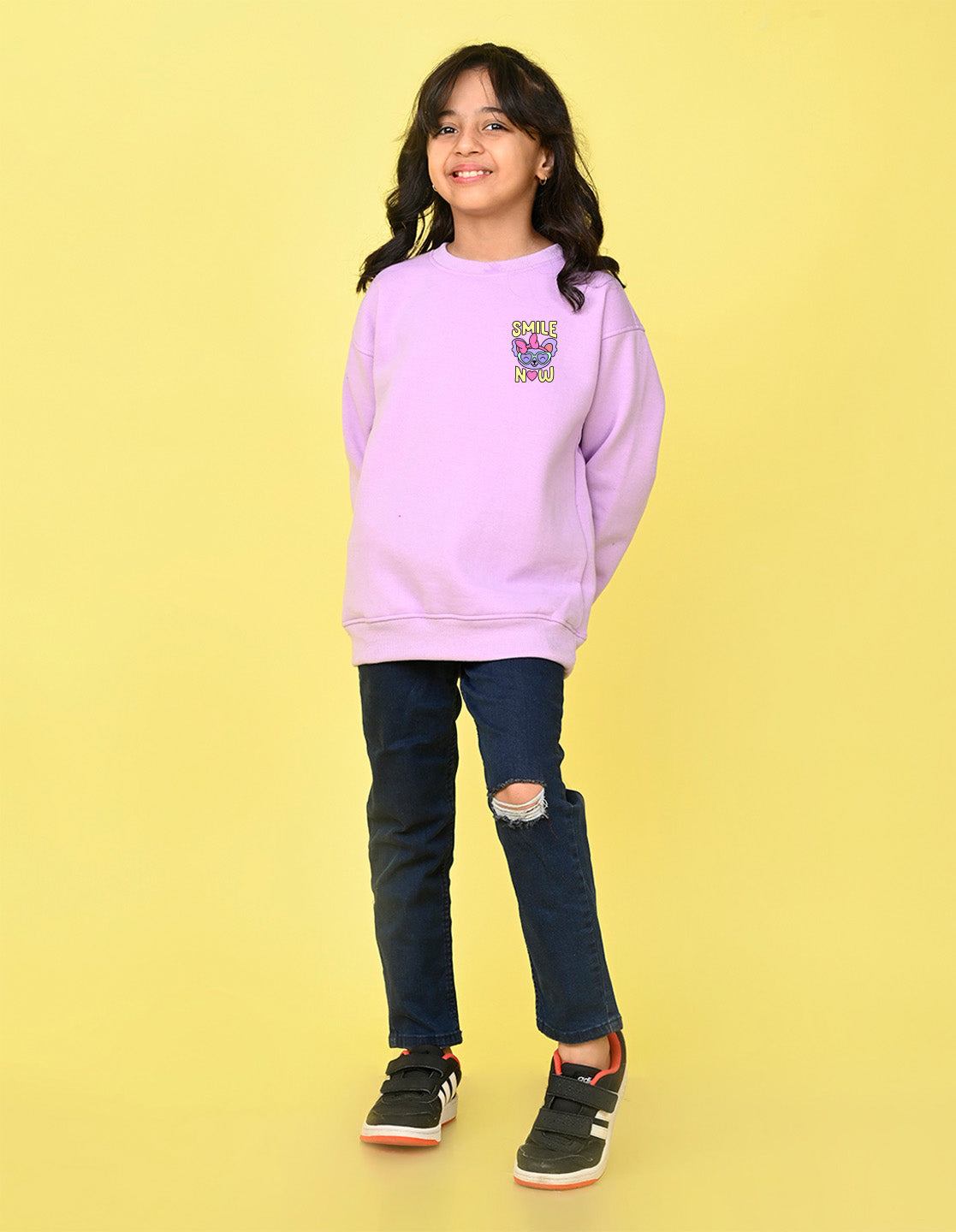 Nusyl Girl's Lilac Smile Now Text Printed Round Neck Oversized Sweatshirt