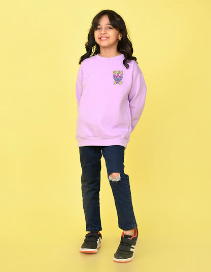 Nusyl Girl's Lilac Smile Now Text Printed Round Neck Oversized Sweatshirt