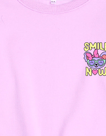 Nusyl Girl's Lilac Smile Now Text Printed Round Neck Oversized Sweatshirt