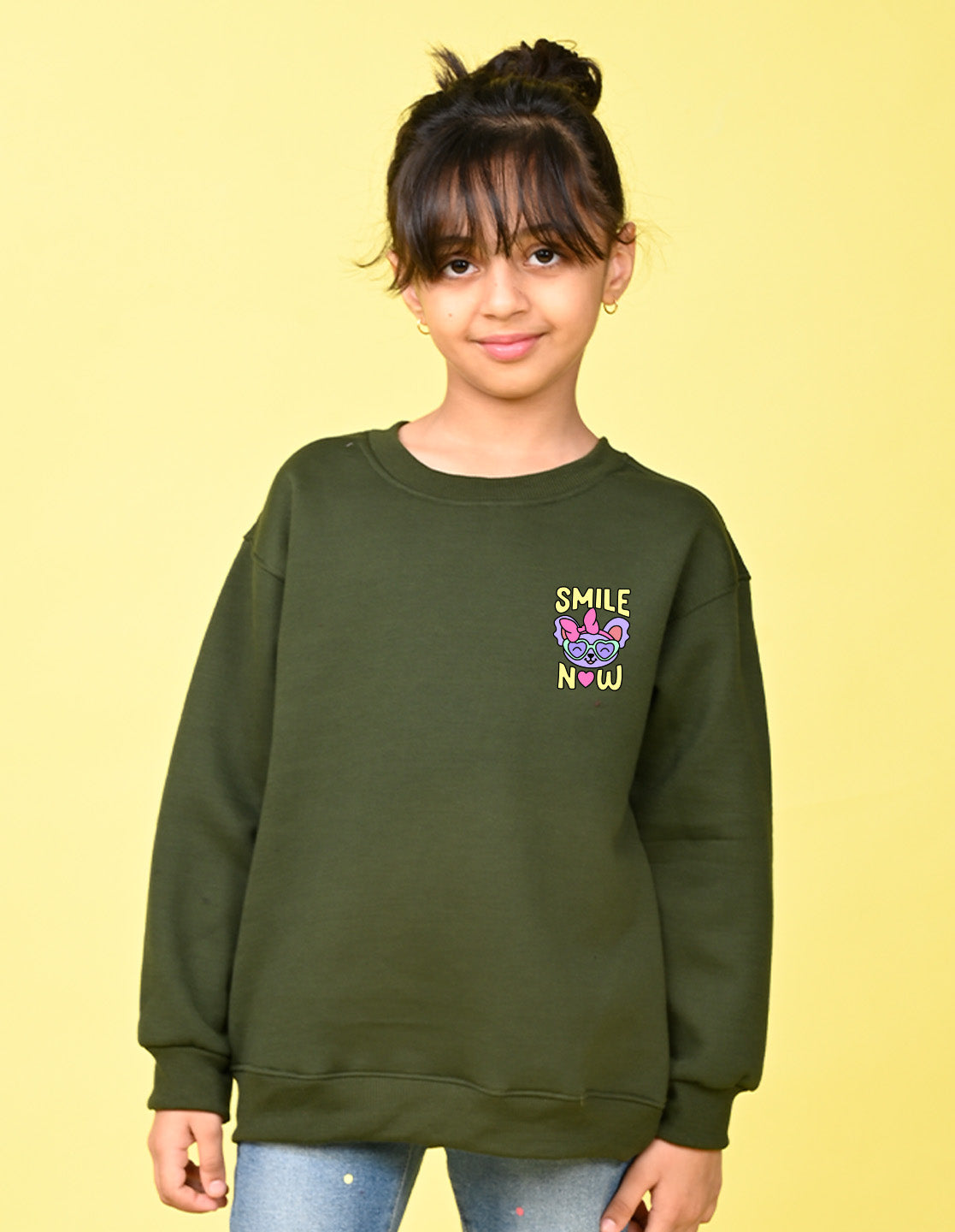 Nusyl Girl's Olive Smile Now Text Printed Round Neck Oversized Sweatshirt