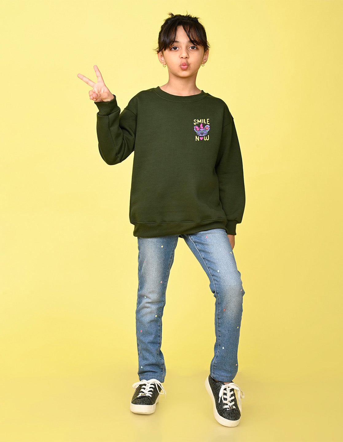 Nusyl Girl's Olive Smile Now Text Printed Round Neck Oversized Sweatshirt