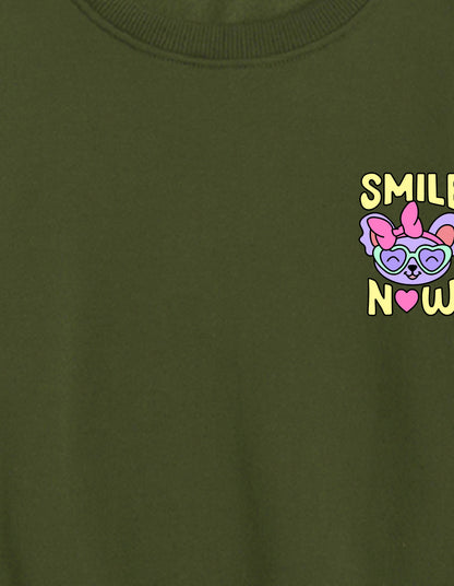 Nusyl Girl's Olive Smile Now Text Printed Round Neck Oversized Sweatshirt