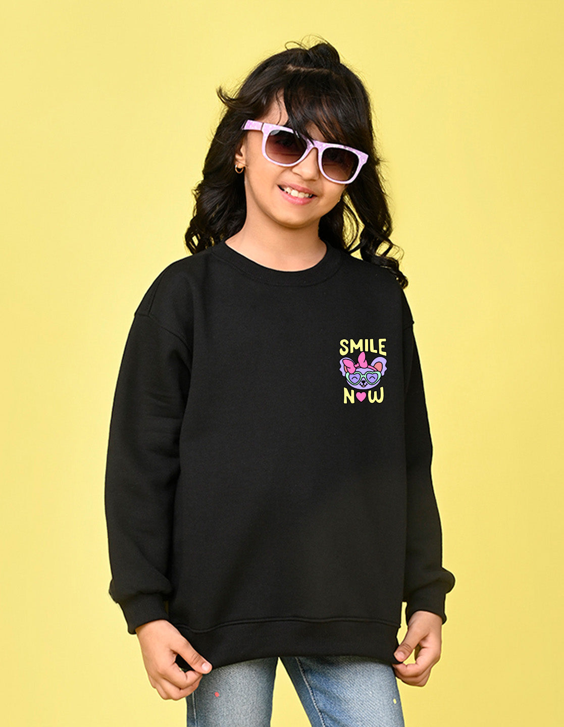 Nusyl Girl's Black Smile Now Text Printed Round Neck Oversized Sweatshirt