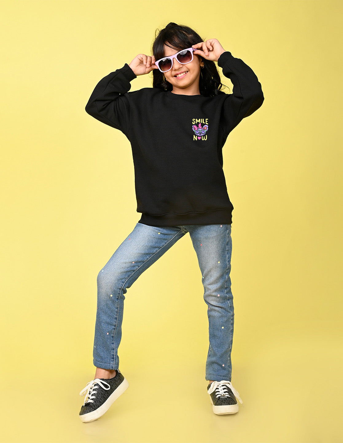 Nusyl Girl's Black Smile Now Text Printed Round Neck Oversized Sweatshirt