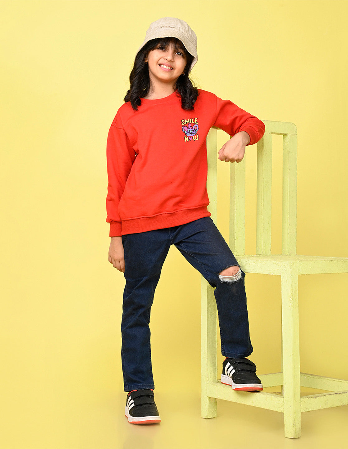 Nusyl Girl's Red Smile Now Text Printed Round Neck Oversized Sweatshirt