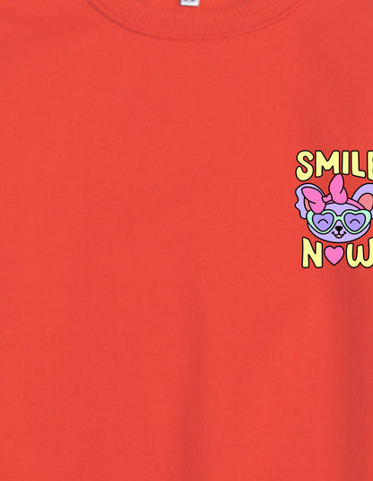 Nusyl Girl's Red Smile Now Text Printed Round Neck Oversized Sweatshirt