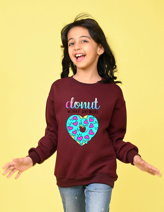 Nusyl Girl's Burgundy Donut Worry Anymore Text Printed Round Neck Oversized Sweatshirt