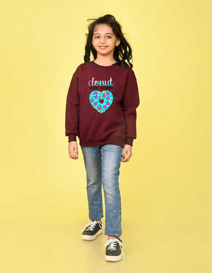 Nusyl Girl's Burgundy Donut Worry Anymore Text Printed Round Neck Oversized Sweatshirt