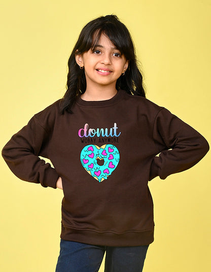 Nusyl Girl's Brown Donut Worry Anymore Text Printed Round Neck Oversized Sweatshirt