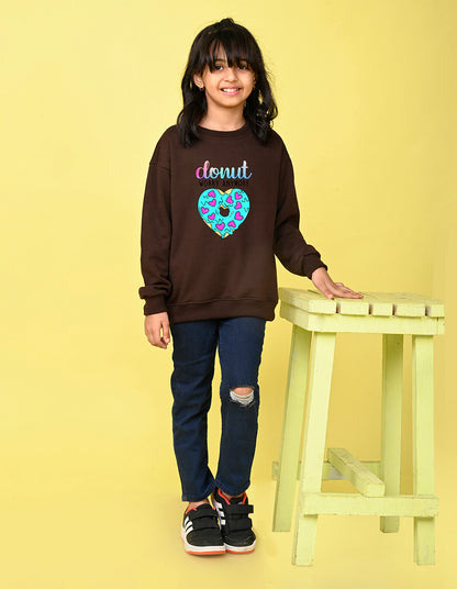 Nusyl Girl's Brown Donut Worry Anymore Text Printed Round Neck Oversized Sweatshirt