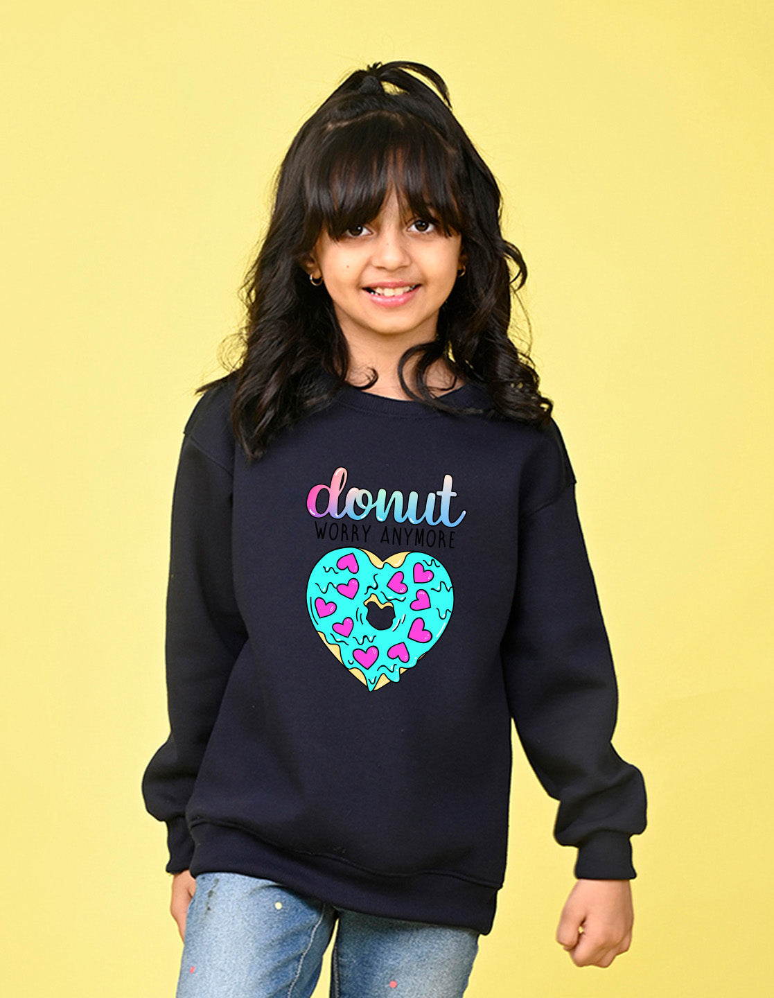 Nusyl Girl's Navy Blue Donut Worry Anymore Text Printed Round Neck Oversized Sweatshirt