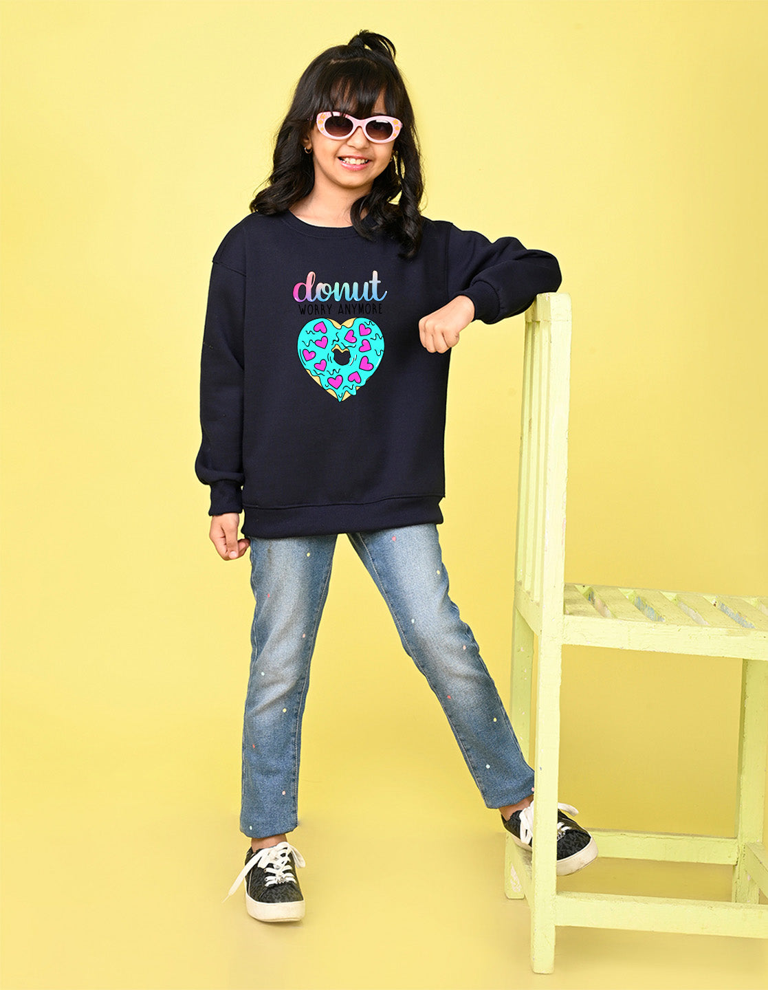 Nusyl Girl's Navy Blue Donut Worry Anymore Text Printed Round Neck Oversized Sweatshirt